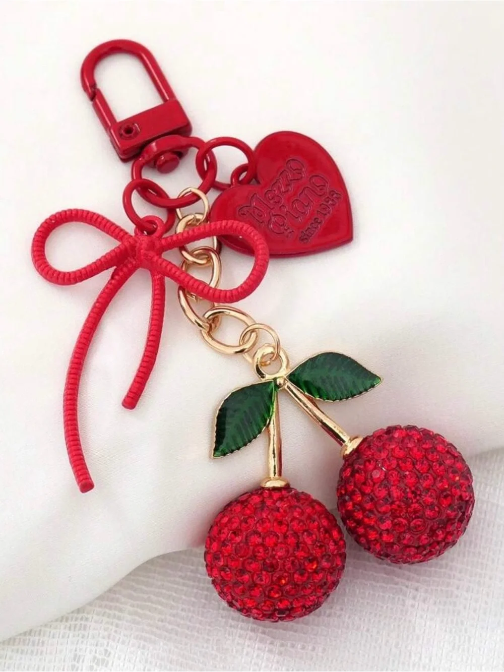 Source Unknown Red Cherry Crystal Keychain with Green Leaves